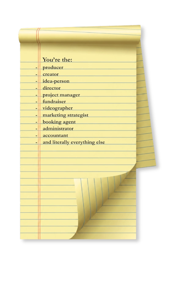 Legal pad list — You're the: producer, creator, idea-person, director, project manager, fundraiser, videographer, marketing strategist, booking agent, administrator, accountant, and literally everything else